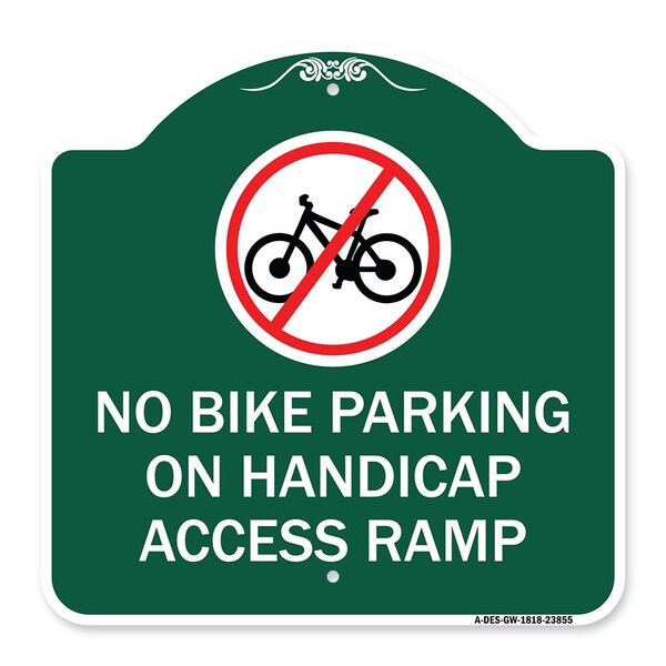 Signmission No Bike Parking on Handicap Access Ramp, Green & White Aluminum Sign, 18" x 18", GW-1818-23855 A-DES-GW-1818-23855 - main